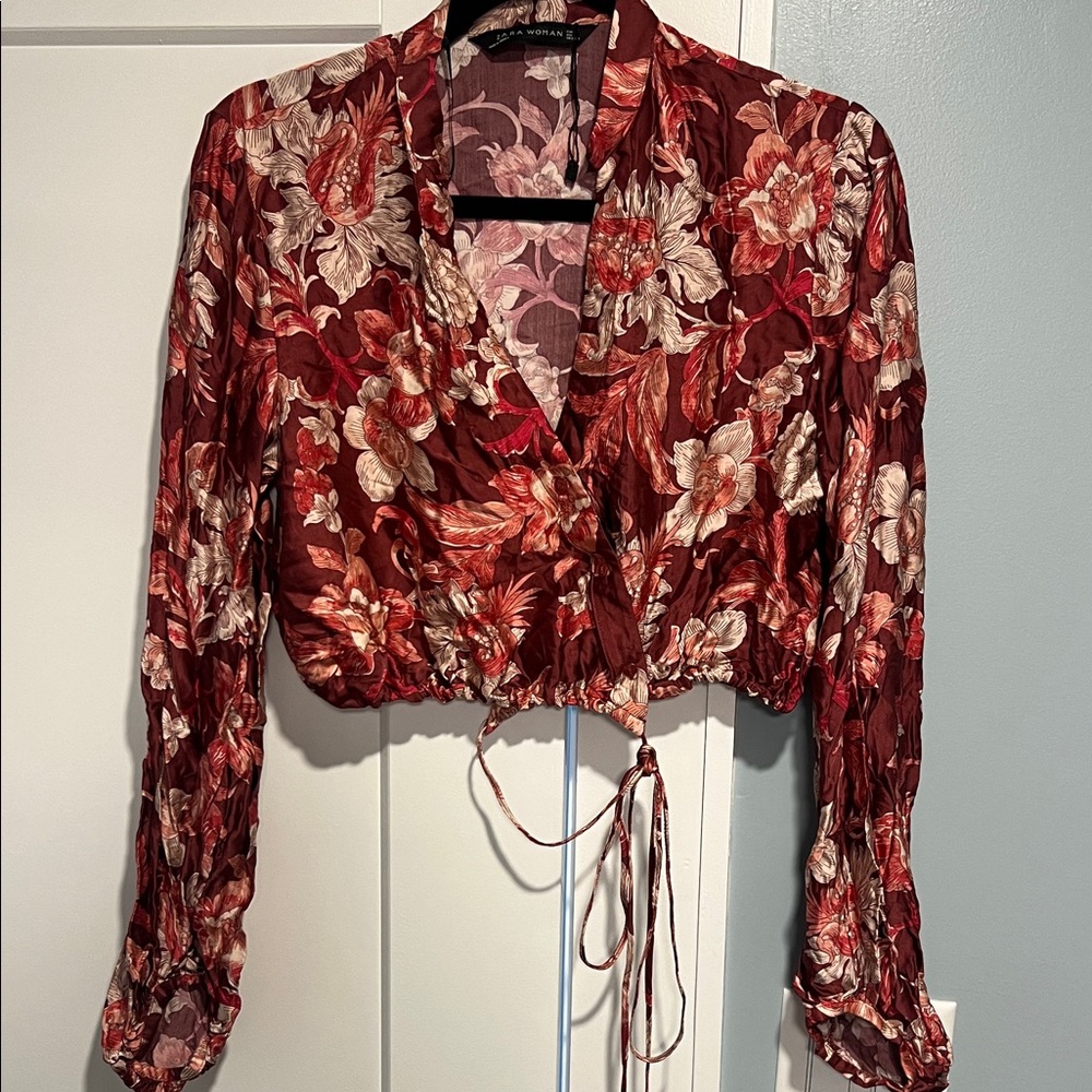 Zara Burgundy Floral Wrap Crop Blouse